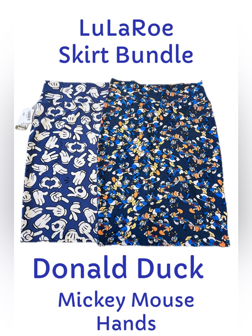LuLaRoe Disney Donald Duck & Mickey Mouse Hand Print Cassie Skirt Bundle Sz Lrg